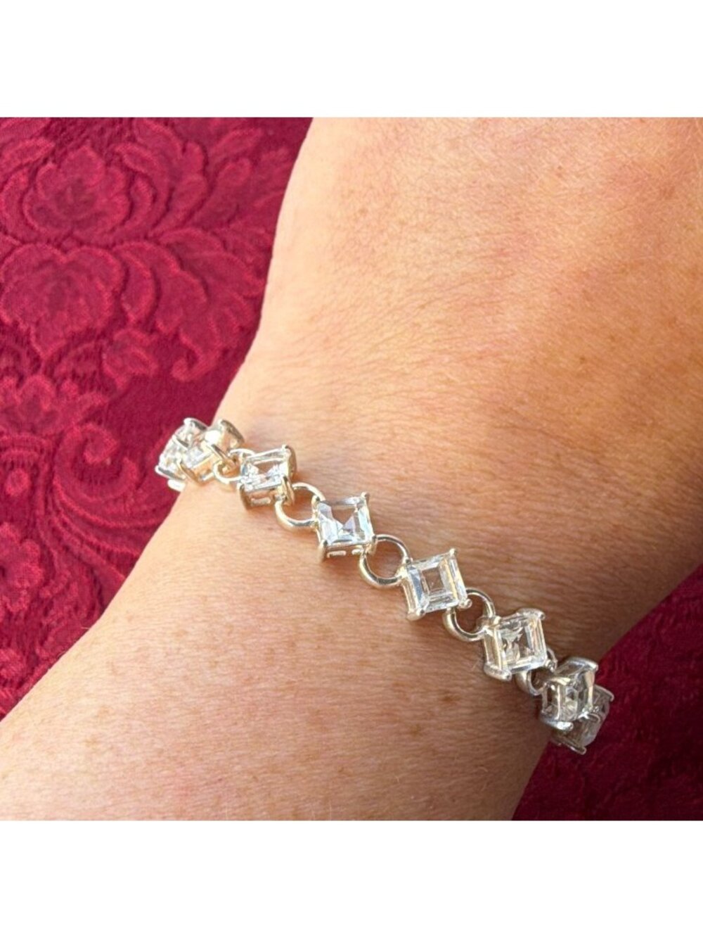 Sterling Silver 925 White Topaz Tennis Bracelet Square Cut Box Clasp Link Thai